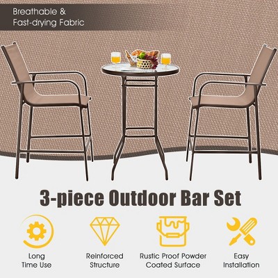 Brown Steel and Fabric Outdoor Patio Bar Set with Tempered Glass Table