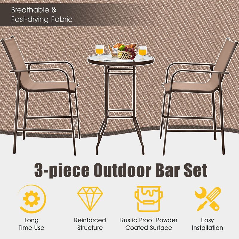 Tangkula 3PCS Patio Bar Set Outdoor Bistro Set w/ 2 Stools & 1 Tempered Glass Table Brown, 5 of 7