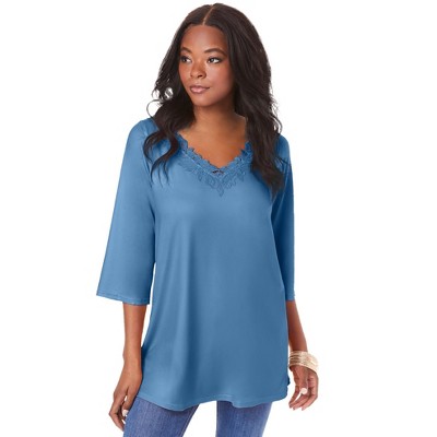 Roaman's Women's Plus Size Lace V Neck Ultrasmooth Fabric Top