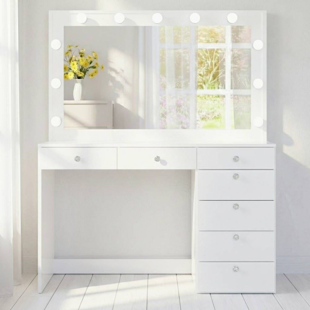 Kate Lighted Makeup Vanity White - Boahaus: 7 Drawers, 58.2" H, Modern Design with 11 LED Bulbs
