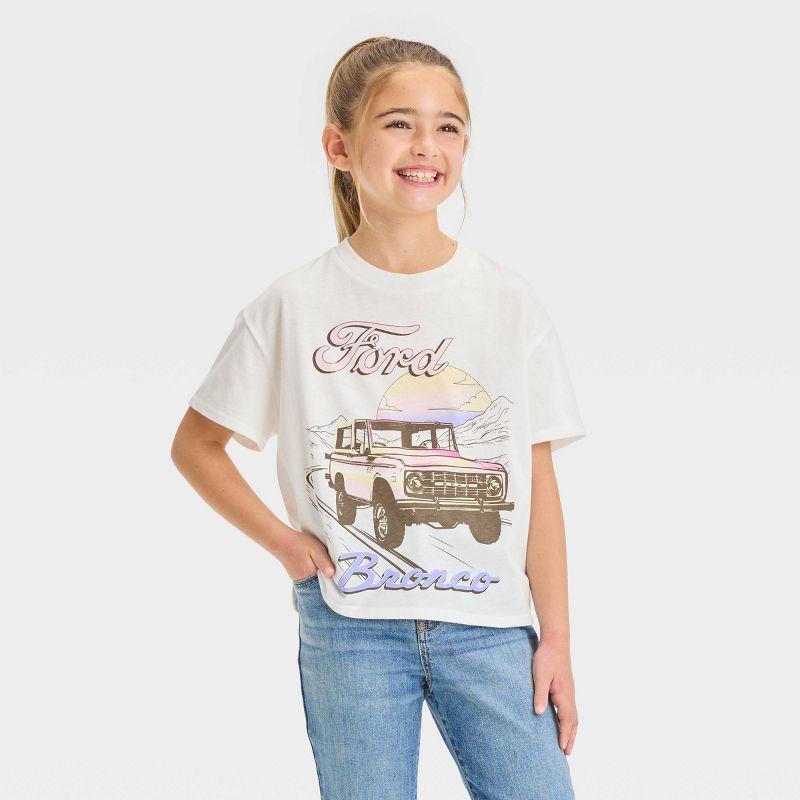 Girls' Ford Bronco Boxy Short Sleeve Cropped Graphic T-Shirt - Ivory, 1 of 4
