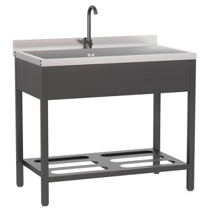 ROVSUN Black Stainless Steel Utility Sink with Towel Rack and Storage Shelf, 25.7"D x 20.7"W x 39.5"H, Freestanding Laundry & Prep Sink - 1 of 1