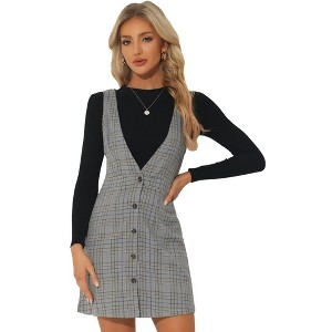Allegra K Women's V Neck Gingham Check Pinafore Overalls Suspenders Plaid Print Dress - 1 of 4