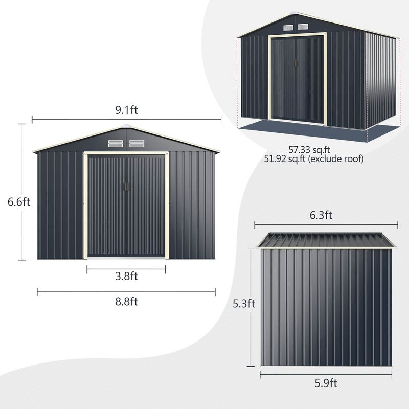 Costway Metal Storage Shed for Garden and Tools w/Sliding Double Lockable Doors, 3 of 10