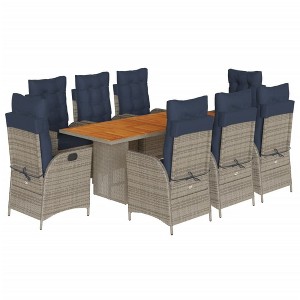 vidaXL 9-Piece Poly Rattan Patio Dining Set w/Cushions – Gray Outdoor Furniture with Adjustable Chairs and Acacia Wood Tabletop - 1 of 4