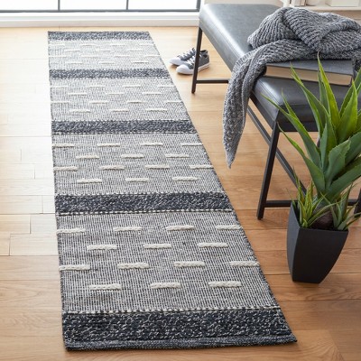 Black and Ivory Striped Kilim Wool Cotton Runner Rug