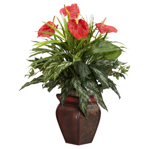 Decorative Natural Looking Artificial Red Anthurium Silk Plant Ceramic Vase Faux 