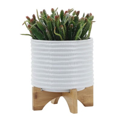 VisioGear Textured Planter with Wooden Stand, Plant Pots for Living Room, Bedroom, White, 8"*8"*10"