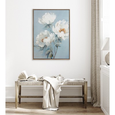 White Peonies on Ocean Blue Canvas with Gold Beaded Frame