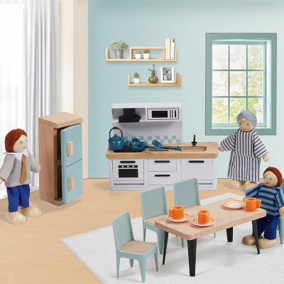 Etokfoks 36pcs Wooden Dollhouse Furniture Set with 5 Rooms and 4 Dolls Blue Pretend Play Accessories for Kids Toddlers Ages 3 and Up — фото 4