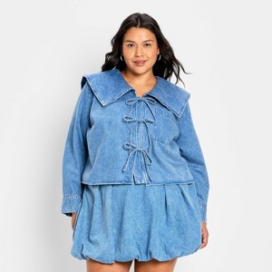 Women's Relaxed Flat Collar Long Sleeve Tie-Front Blouse - Future Collective Blue Denim - 1 of 3