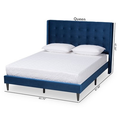 Queen Navy Velvet Upholstered Wood Platform Bed with Tufted Headboard
