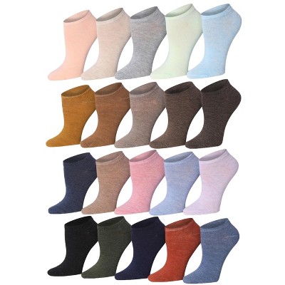 Tipi Toe Women's 20 Pairs Solid Colored Tranquil Pastels Light Mint Pale Pink Earthy Brown Low Cut/No Show Socks