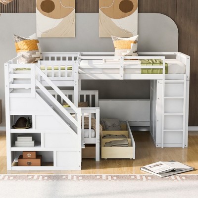 Grungis Twin Over Full L-Shaped Loft Bed with 3 Drawers and Portable Desk,Bunk Bed with Ladder and Wardrobe,Loft and Bunk Bed for Bedroom