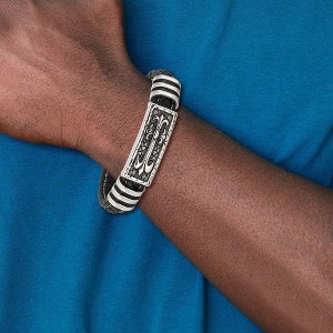 Chisel Stainless Steel Antiqued and Polished with Enamel Cross Black Faux Leather 8.5" Bracelet - 1 of 4