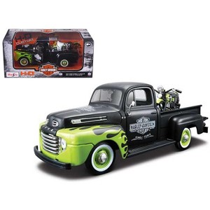 1948 Ford F-1 Pickup Truck Harley Davidson & 1948 Harley Davidson FL Panhead Motorcycle Black & Green 1/24 Diecast Models Maisto - 1 of 3
