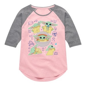 Girls' - The Mandalorian - Grogu Stickers Shirt Tail Raglan Graphic T-shirt - 1 of 4