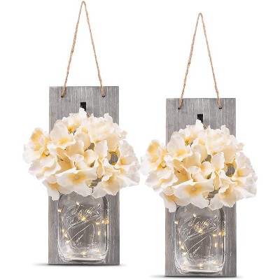 Attop Decorative Glass Jar Wall Decor - Rustic Style Wall Sconce with LED Fairy Lights and Flowers - Farmhouse Home Decor (Set of 2)