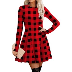 Ribbed Knit Sweater Dress for Women, Long Sleeve Crew Neck Fit and Flare A-Line Dress for Fall and Winter, Casual Office Wear Plaid 2 - 1 of 4