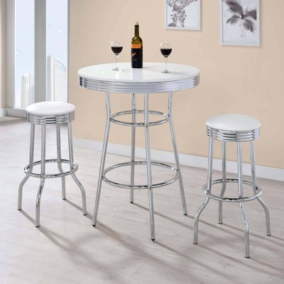 Contemporary Chrome and White Round Wood-Glass Bar Table