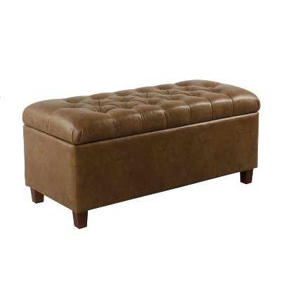 Button Tufted Wooden Bench with Hinged Storage Brown - Benzara
