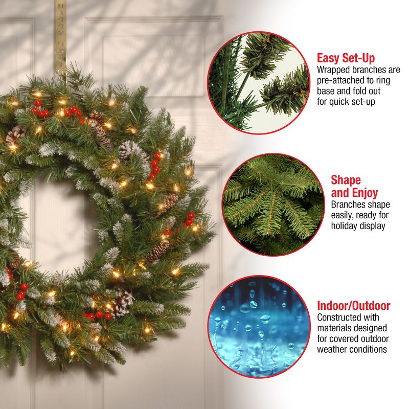 24" Prelit Flocked Christmas Wreath with Pinecones and Berries White Lights - National Tree Company, 4 of 5