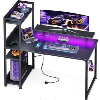 Itopfox Reversible Gaming Desk with USB Charging Port and LED Lights, Computer Desk with Storage Shelves & Monitor Stand, Study Table for Home Office
