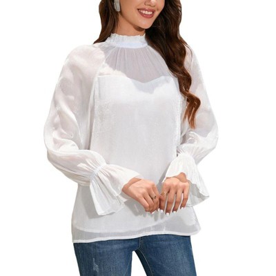 Coolmee Women Long Puff Sleeve Turtleneck Mesh Blouse Going Out Fall Party Night Elegant Tops Cute Women Trendy Blouse