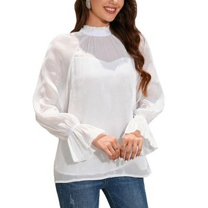 Coolmee Women Long Puff Sleeve Turtleneck Mesh Blouse Going Out Fall Party Night Elegant Tops Cute Women Trendy Blouse - 1 of 4
