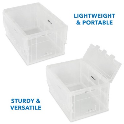 Clear and Blue Collapsible Plastic Storage Crate with Lid, 65L Capacity