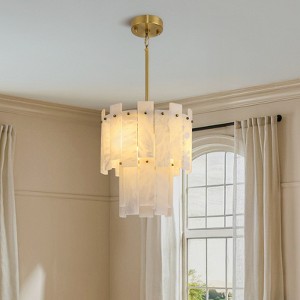 CityFurn 13" 3-Light Modern Gold Round Chandeliers 2 Tiers Alabaster Pendant Light - 1 of 4