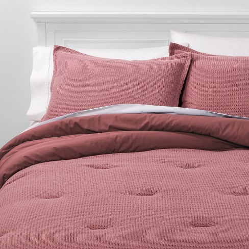 Twin Extra Long Washed Waffle Weave Comforter Sham Set Mauve