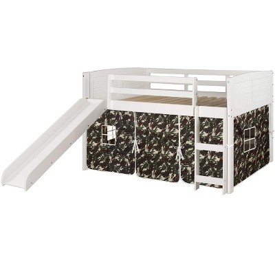 Donco Kids Louver Twin White Low Loft Bed With Slide & Camo Print Tent
