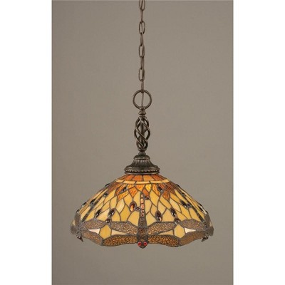 Toltec Lighting Elegante 1 - Light Pendant in  Dark Granite with 16" Amber Dragonfly Art Glass Shade