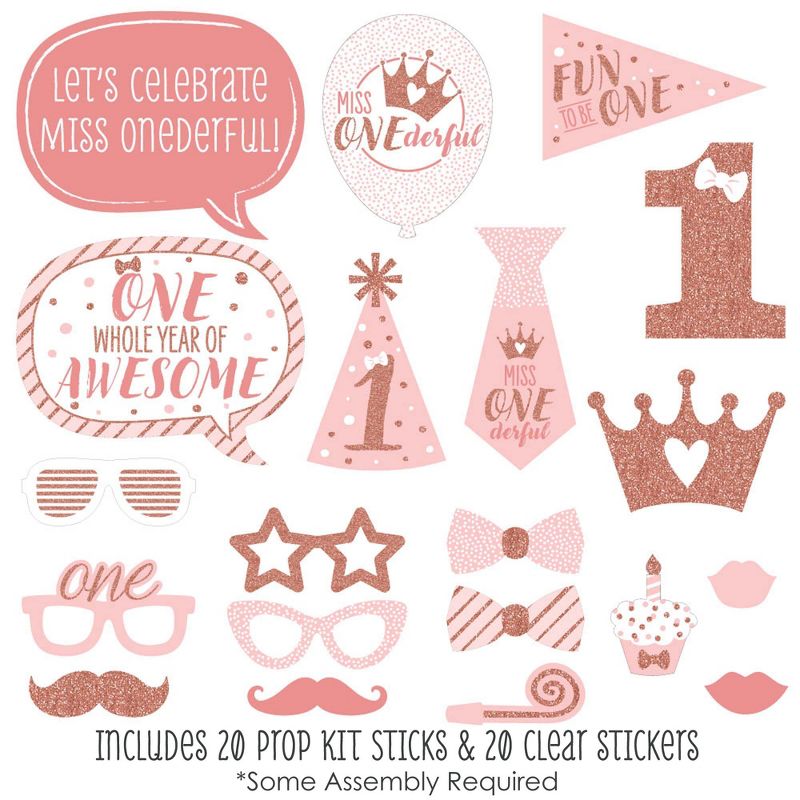 Big Dot of Happiness 1st Birthday Little Miss Onederful - Girl First Birthday Party Photo Booth Props Kit - 20 Count, 2 of 7