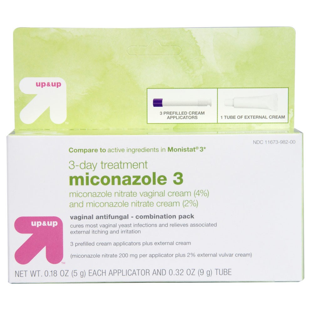 Miconazole 3 Day Treatment Combo Pack- up & up Compare to the active ingredients in Monistatae 3. Miconazole Nitrate Vaginal Cream (4percent) and Miconazole Nitrate Cream (2percent) is a 3-day yeast infection treatment that cures most vaginal yeast infections and relieves external vulvar itching and irritation associated with a vaginal yeast infection. Includes 3 pre-filled applicators and cream. If you’re not satisfied with any Target Owned Brand item, return it within one year with a receipt for an exchange or a refund.