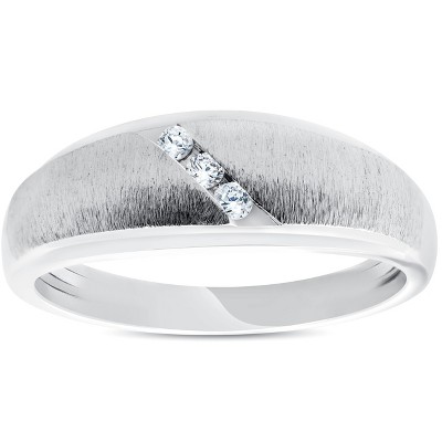 Pompeii3 Mens 1/10ct Three Diamond Brushed Wedding Ring 10k White Gold Anniversary Band