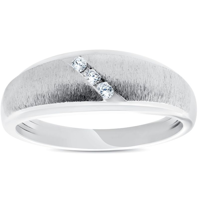 Pompeii3 Mens 1/10ct Three Diamond Brushed Wedding Ring 10k White Gold Anniversary Band, 1 of 5