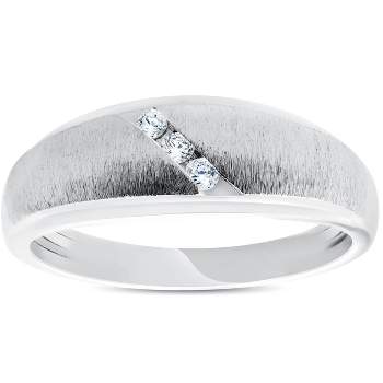 Pompeii3 Mens 1/10ct Three Diamond Brushed Wedding Ring 10k White Gold Anniversary Band