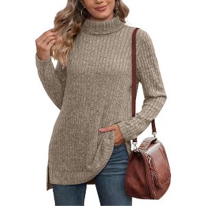 Women's Fall Winter High Neck Ribbed Knit Top - Loose Fit T-Shirt with Side Slits - 1 of 4