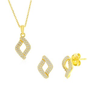 Bella Silver Sterling Silver, Pave CZ Marquise Necklace & Earrings Set - Gold Plated - Gold - 16+2 Inch - 1 of 4