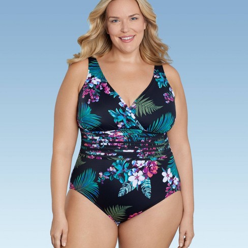 Swim 365 Women's Plus Size Sarong Swimsuit, 20 - Multi Textured Palm :  Target