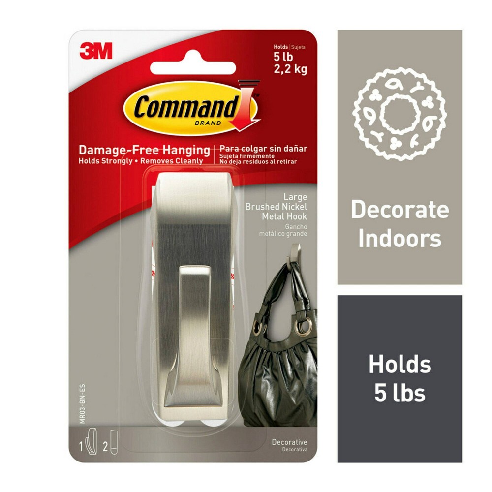 Command 2 Strips Large Sized Modern Reflections Hook Brushed Nickel: Metal Towel Hook, 5 lb Capacity, Silver