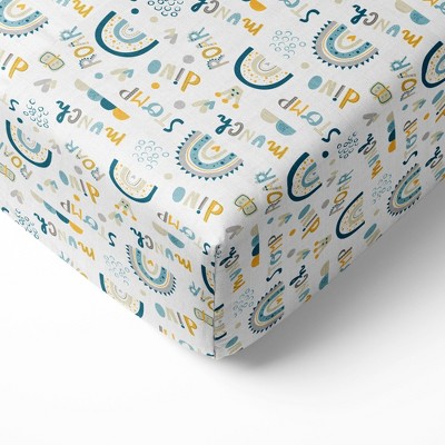Bacati - Little Dino Boys Rainbow Teal/Yellow Muslin 100 percent Cotton Muslin Universal Baby US Standard Crib or Toddler Bed Fitted Sheet