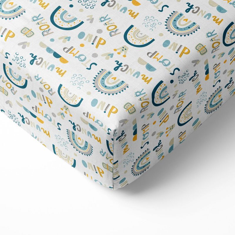 Bacati - Little Dino Boys Teal/Yellow Muslin 4 pc Crib Bedding Set with 2 Fitted Sheets, 4 of 8
