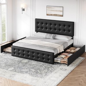Bed Frame with 4 Storage Drawers and Headboard, Linen Upholstered Platform Bed Frame with Wooden Slats Support - 1 of 4