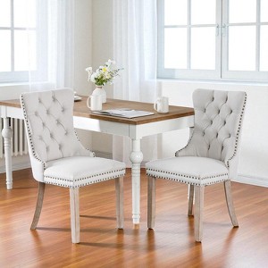 Mshliw Set of 2 High-End Tufted Linen Dining Chairs with Solid Wood Legs, Nailhead Trim, and Padded Upholstered Seats for Dining Room - 1 of 4