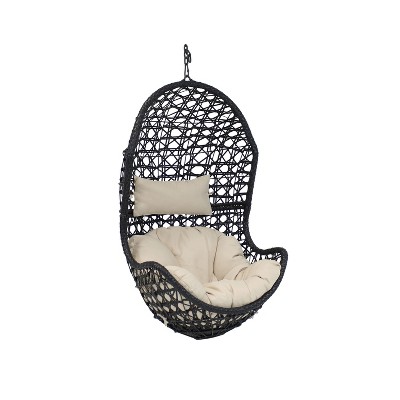 Sunnydaze Outdoor Resin Wicker Patio Cordelia Hanging Basket Egg Chair Swing with Cushion and Headrest - Beige - 2pc