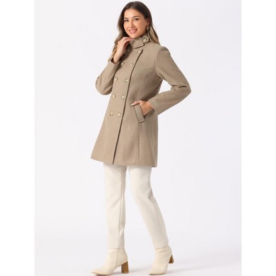 Allegra K Women's Winter Double Breasted Stand Collar Side Pocket Vintage Pea Coats Small Brown — фото 4