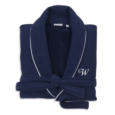 Linum Home Textiles Hotel 100% Turkish Cotton Waffle Terry Personalized Navy Bathrobe with Satin Piped Trim in White Script Font